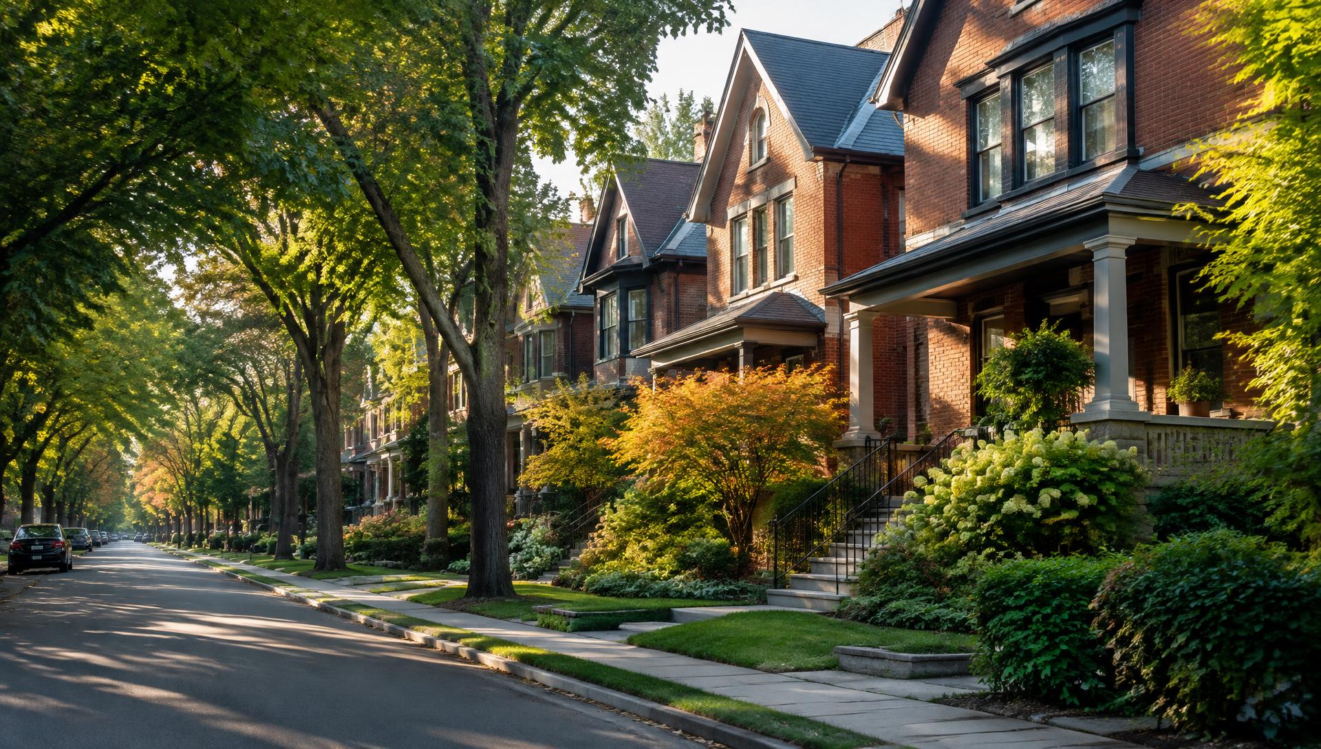 Sunlit brick homes on a tree lined Toronto neighbourhood street